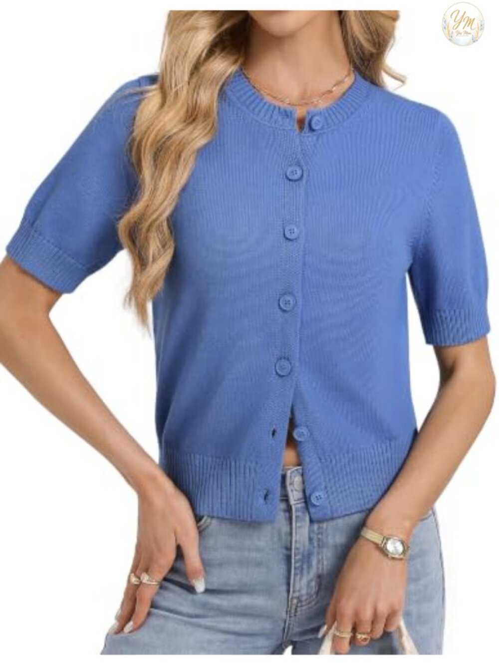 Womens Short Sleeve Button Up Cardigan Cotton Blend Ribbed Summer Sweater